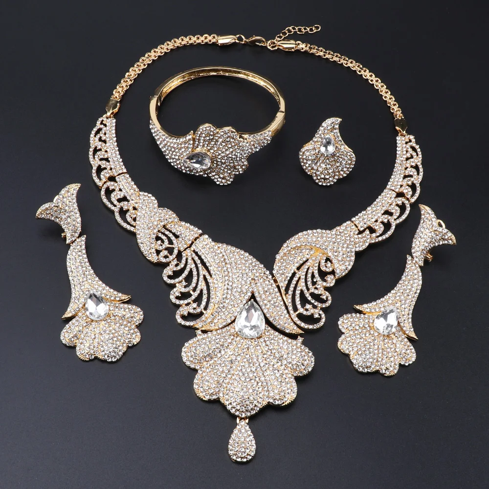 CYNTHIA Dubai Fashion Jewelry Sets Bride Necklace Flower Shape Crystal Earrings Ring Charm Women Bracelet Jewelry for Women