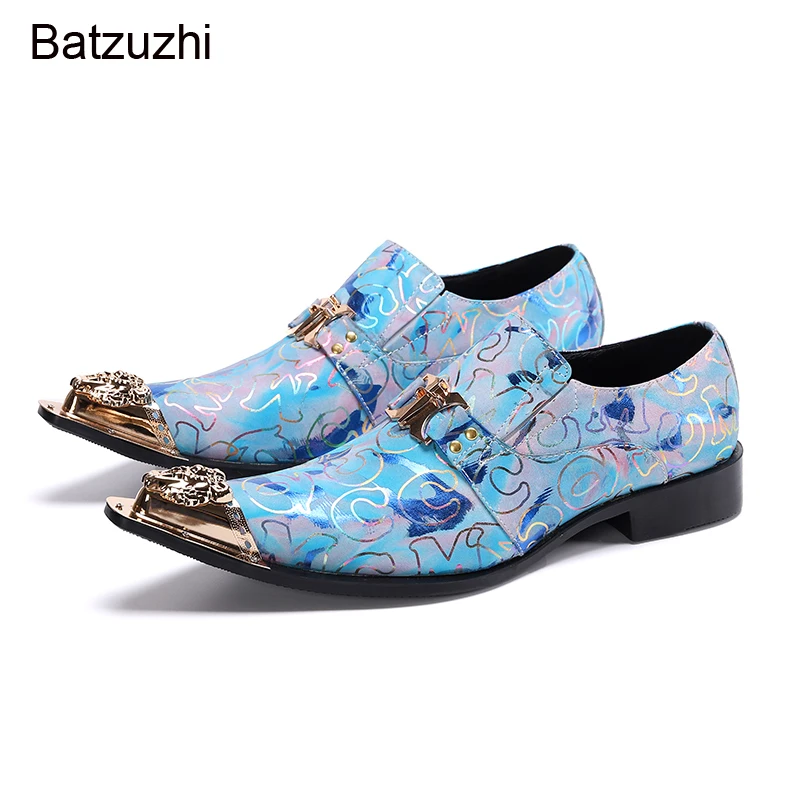 

Batzuzhi Pointed Metal Toe Blue Genuine Leather Dress Shoes Men Brand New Shoes Men Slip on Oxfords Party/Wedding Zapatos Hombre