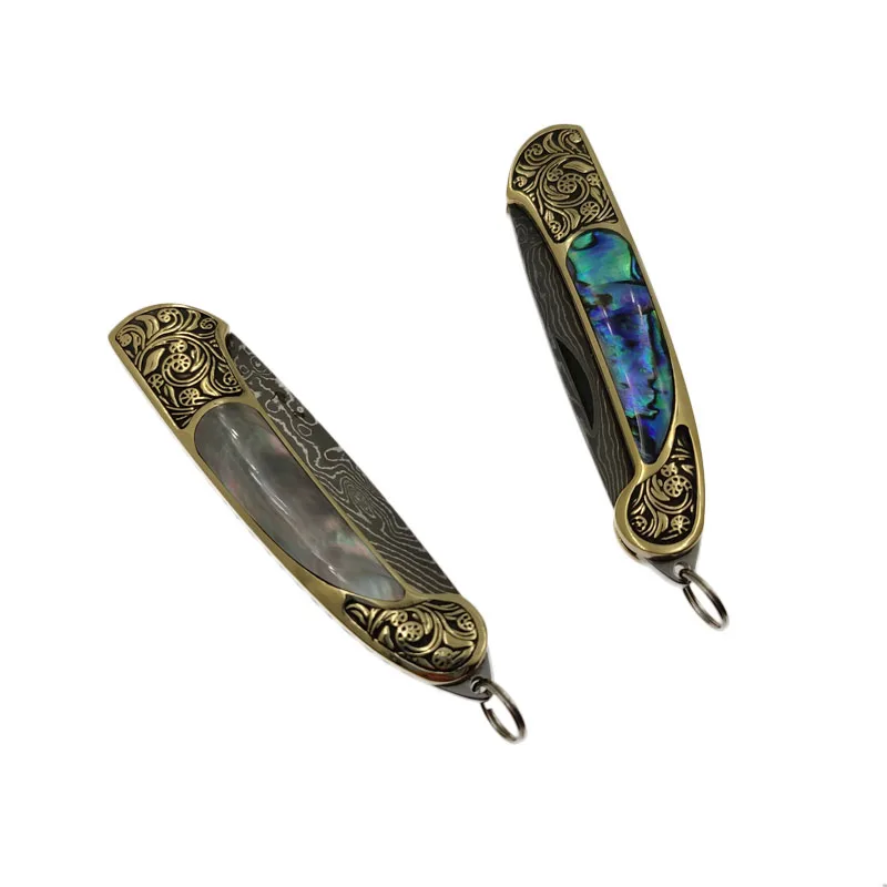 Tasca a lama in acciaio di damasco fatta a mano di grandi dimensioni bellissimo coltello pieghevole in ottone giallo + coltello multiuso con manico a conchiglia di Abalone
