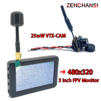 Micro 5.8G FPV System 3 Inch LCD 480x320 Screen Auto Search Monitor and 25mW VTX-CAM with 600TVL AIO Camera For RC Car Drone