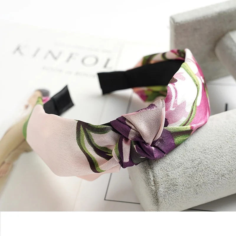 Women Elegant Top Knot Headband Print Dot Hairbands Girls Striped Plaid Flower Hair Hoop Fashion Hair Accessories FG0320