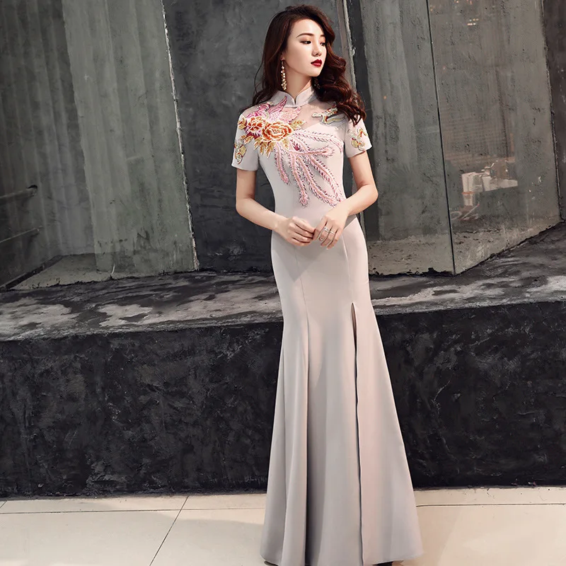 

Chinese Style Lady Cheongsam Sexy Gray Perspective Short Sleeve Qipao Exquisite Embroidery Floral Vestidos Grace Banquet Dress