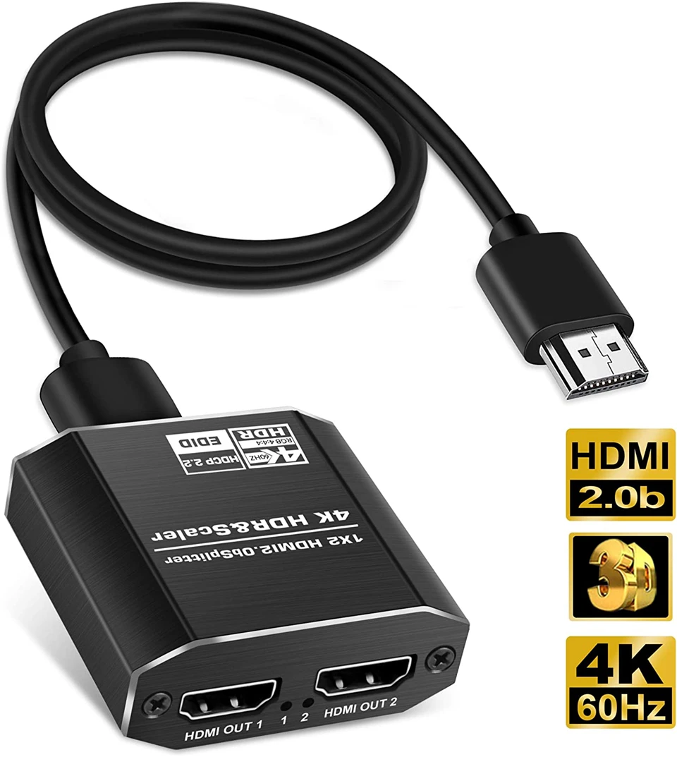 Navceker 1 Duplicate to 2 HDMI Displays 4K@60Hz HDMI Splitter 1 in 2 Out with Scalar High Speed HDMI Cable Support HDCP 2.2