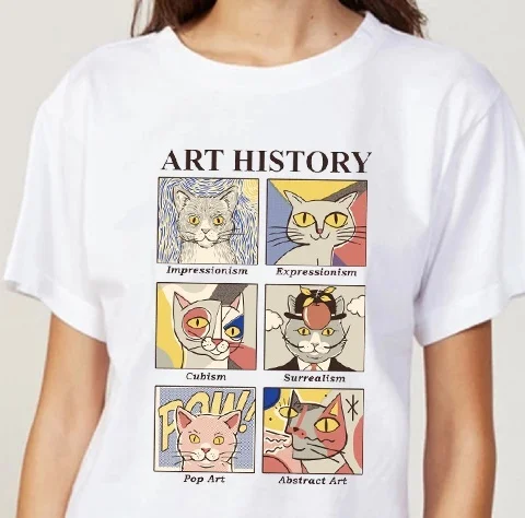 Dreamchase-JF Art History Cat Funny Printed T Shirt Women Short Sleeve Cotton Fashion O-Neck Printing Tops