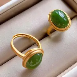 SNew Silver Inlaid Hotan Jasper South Ring Unisex Men and Women Opening Adjustable Gold Retro National Style Jewelry
