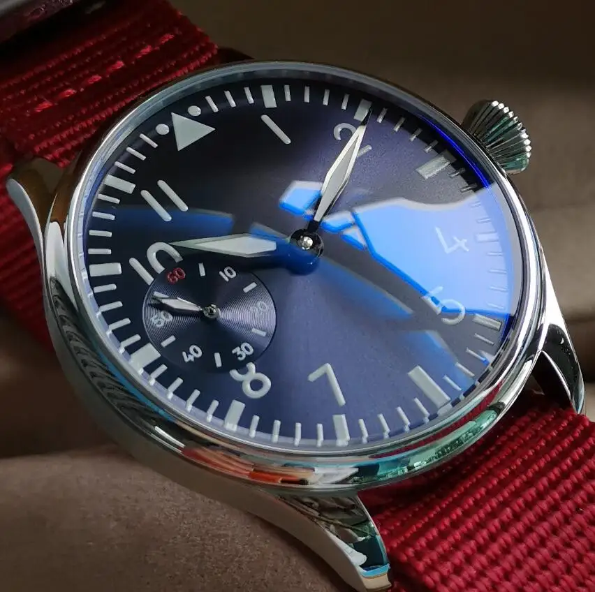 GEERVO No logo 44mm stile pilota meccanico vento a mano orologio da uomo stile retrò quadrante blu linee di raggi del sole fascia rossa luminosa