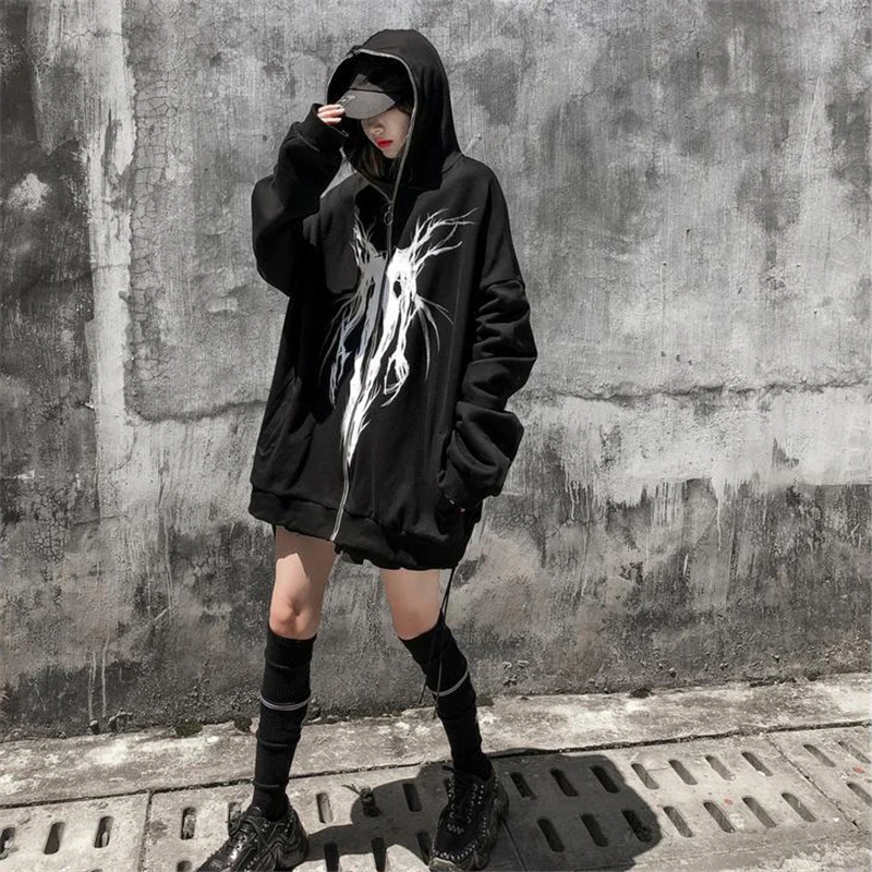 Harajuku Cartoon Devil Printing Gothic Vintage Kawaii Sweatshirt Hoodies Women Plus Size Zipper Coats Hoody Female Streetwear