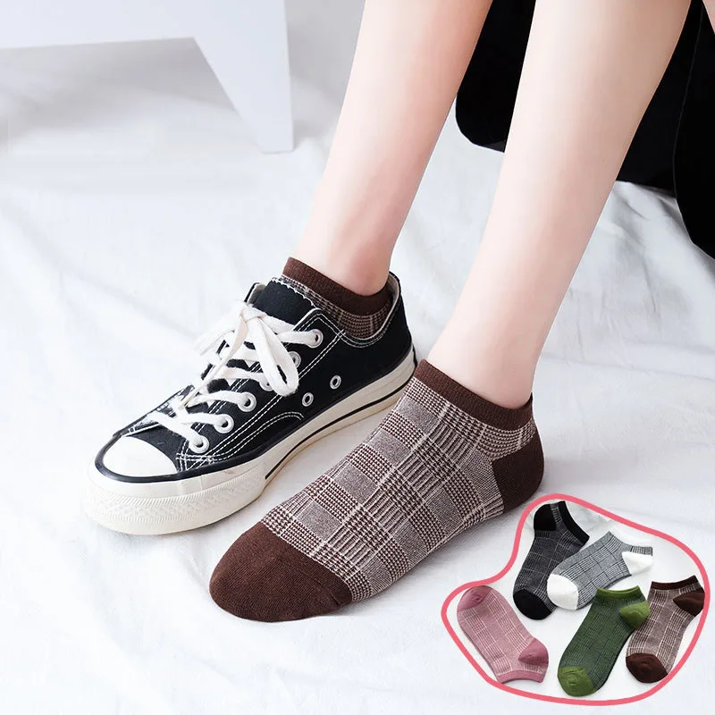 Spring And Summer The New Women Fashion Cotton Lattice Color Matching Socks Female Retro Short Heel Breathable Socks