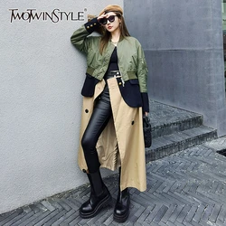 TWOTWINSTYLE Hit Color Casual Windbreaker For Women Turtleneck Long Sleeve Patchwork Trench Coat Fashion New Clothing 2023 Style