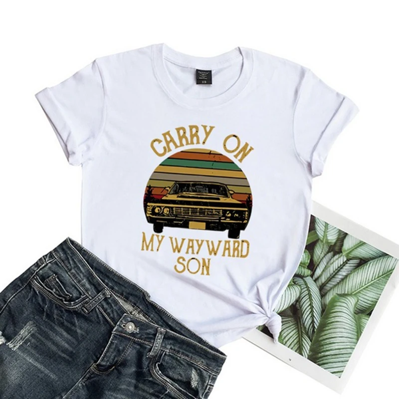 Supernatural Carry on My Wayward Son Printed Tee Shirt Short Sleeve Round Neck Tops