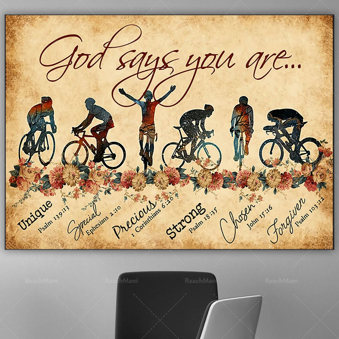 Riding a bicycle | God says you are unique, special, lovely, precious and strong. Choose retro racing bicycle posters and love t