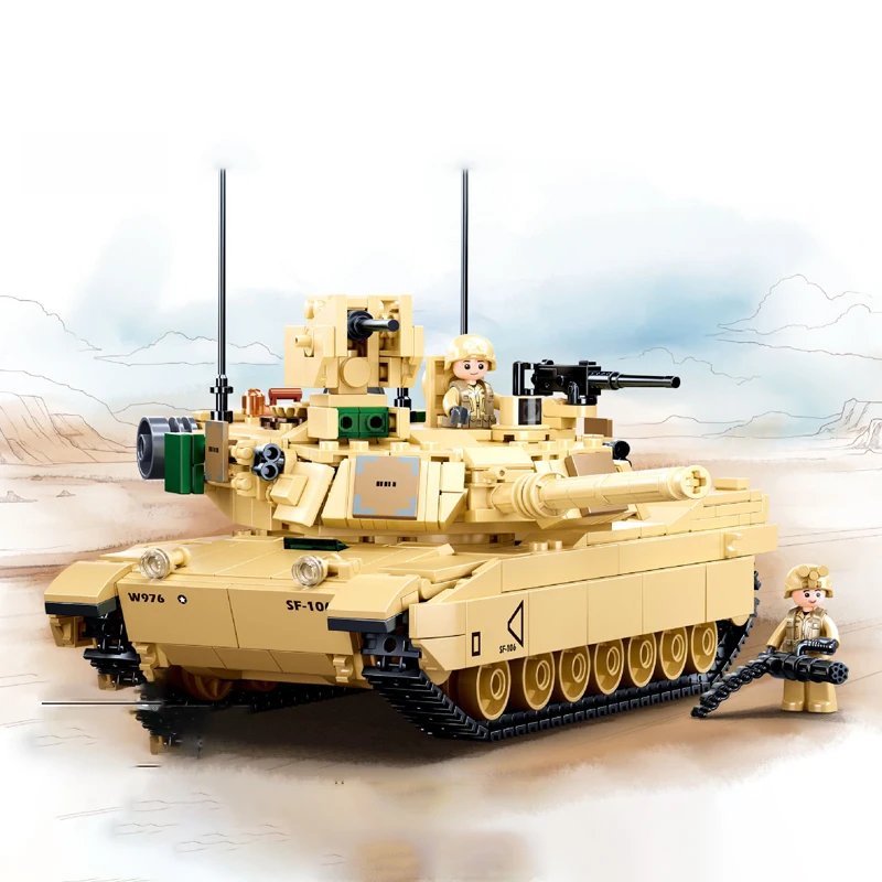 SLUBAN New World War II 2 Military USA Abrams M1A2 Battle Tank Chariot Building Blocks Army Classic Accessories Model Kids Toys