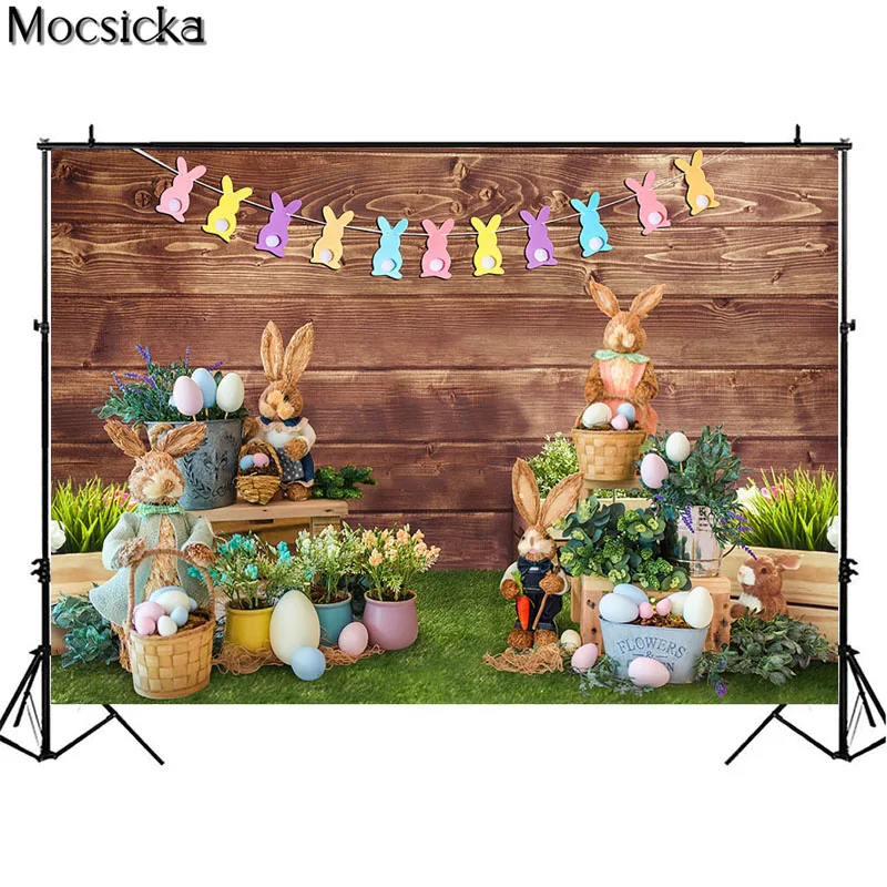 부활절 사진 배경 용수철 꽃 녹색 식물 토끼 색 계란, 어린이 생일 초상화 배경 사진 스튜디오