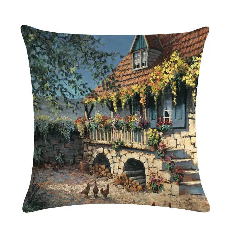 Country Scenery Oil Painting Printing Cushion Cover Linen Cotton Living Room Garden Decoration Throw Pillow Case