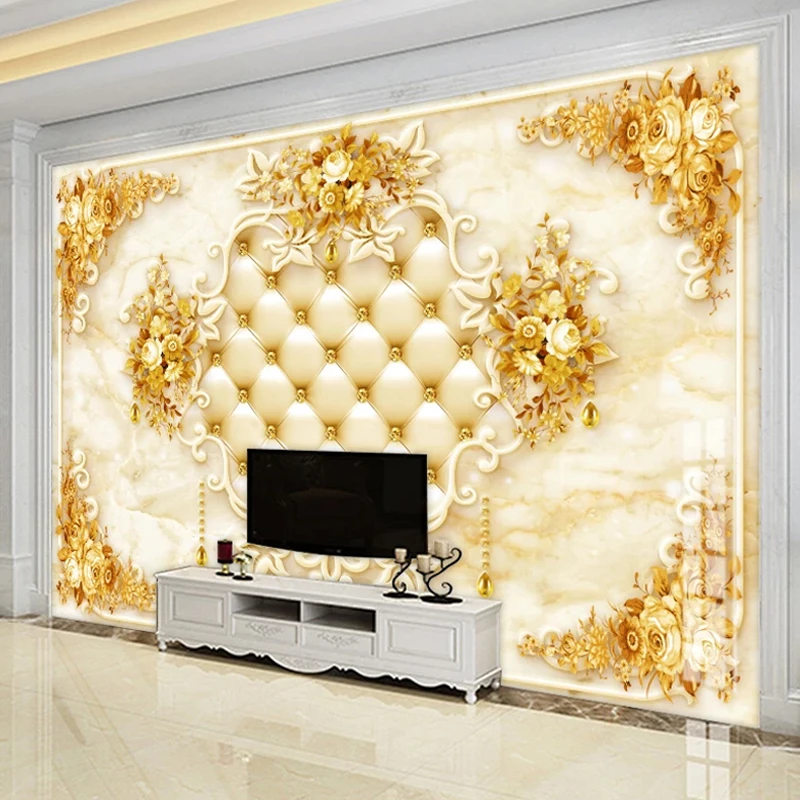 

Custom 3D Wallpaper Murals Golden Flower Jewelry Marble Soft Pack Living Room TV Background Wall Decorative Art Wall Painting