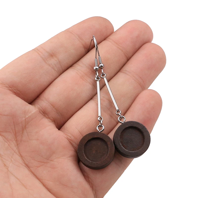 10pcs/lot Wood 12mm Cabochon Earring Base Settings Blank Long Earrings Bezel Trays Diy Stainless Steel Earring Hooks Findings