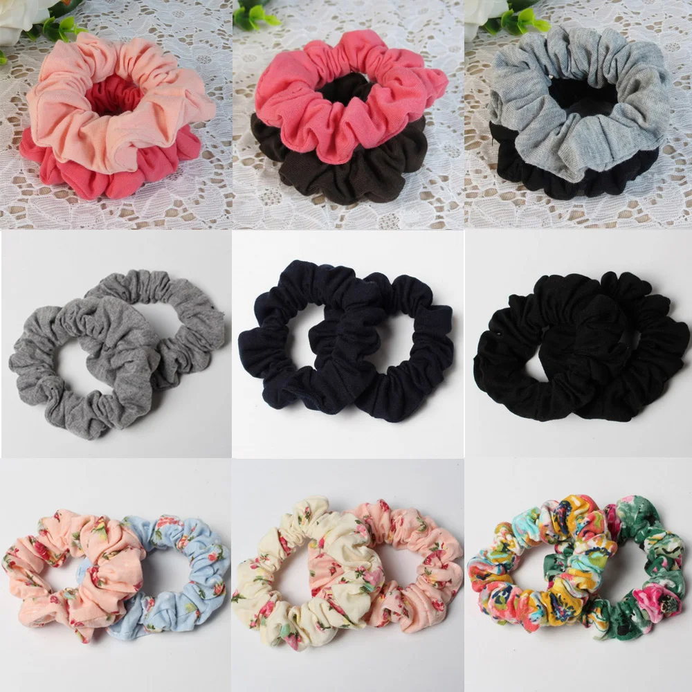 2PCS/Lot 100% Cotton Solid Print Scrunchies Women Girls Elastic Rubber Hair Bands Cute Ponytail Holder Hair Tie Rope Accessories