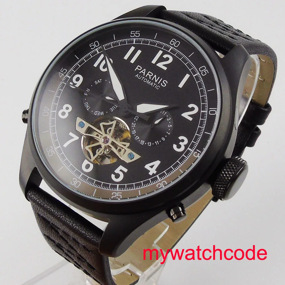 48mm Parnis black dial 316L stainless steel watch case leather strap st 2502 automatic movement men's watch