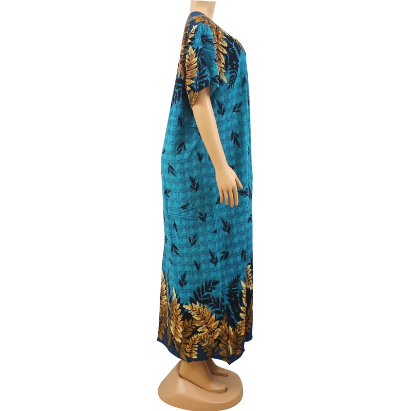 O-Neck Short Sleeve Women Summer Maxi Dresses with Scarf Blue Leaves Print Ethnic Style African Dashiki Dresses