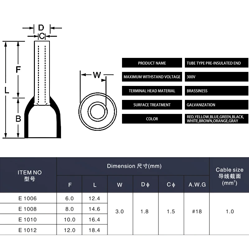 100Pcs Of Bags VE Tubular Electrical Wire Connector Insulated Crimp Terminal Assortment Wire Terminal Connector Cable Terminal