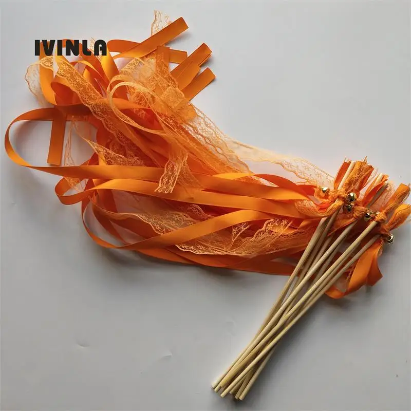 50pcs/lot orange Lace wedding ribbon wands  with sliver bell for wedding decoration