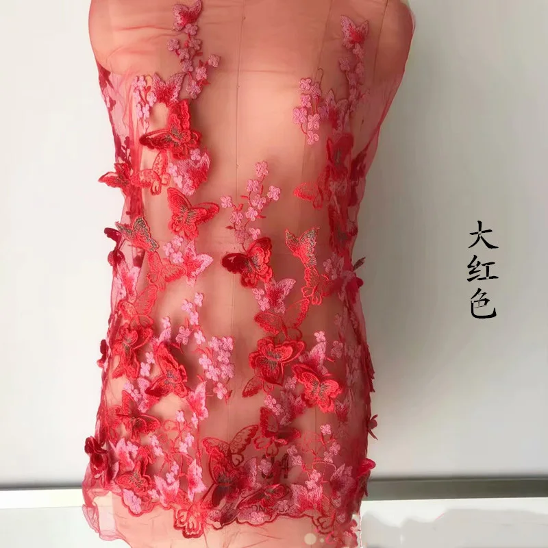 

1Meter Elegant 3D Butterfly Lace Fabric Embroidered Bridal Gown WeddingTulle Fabric For Dress Pink Red Blue Free Shipping