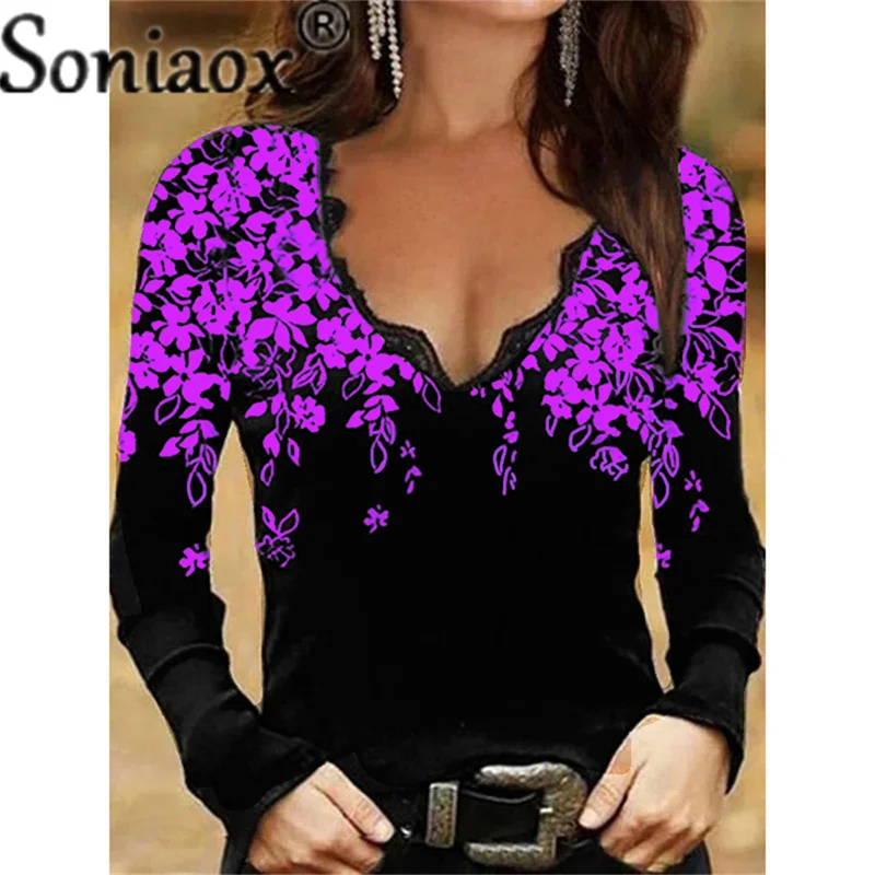 2021 Autumn New Women Sexy Lace V Neck Shirts Tops Floral Print Long-Sleeve T-Shirt Fashion Ladies Casual Loose Street Clothing
