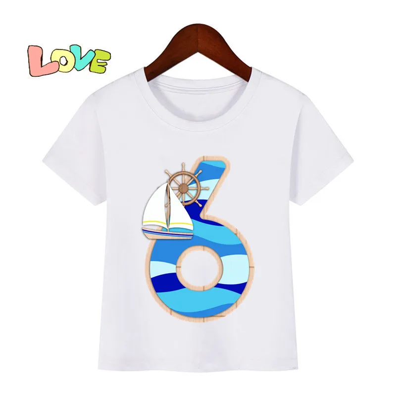 Baby Kids Navy Blue Boat Birthday Print T Shirt Children Birthday Cool Number T-shirts Boy&Girl Funny Gift Tshirt Present