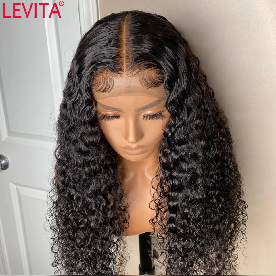 LEVITA-Kinky Curly Lace Frontal Peruca de Cabelo Humano para Mulheres, Pré Arrancadas, Fechamento De Renda, Brasileiro, Glueless, 30"