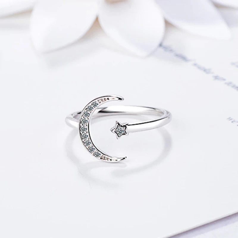 

VENTFILLE 925 Sterling Silver Simple Zircon Moon Star Rings For Women Girl Adjustable Size Fashion All-match Personality Jewelry