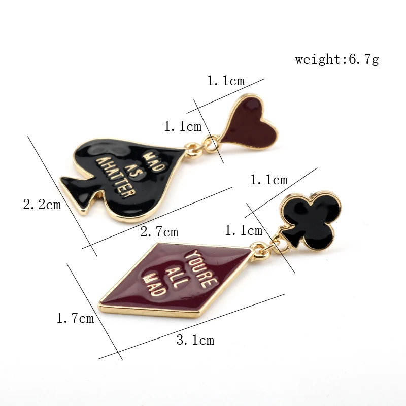 Alice In Wonderland Dangle Earrings Cute Love Heart-shaped Poker Card Asymmetrical Earring Fashion Jewelry Girls Kids Fans Gift