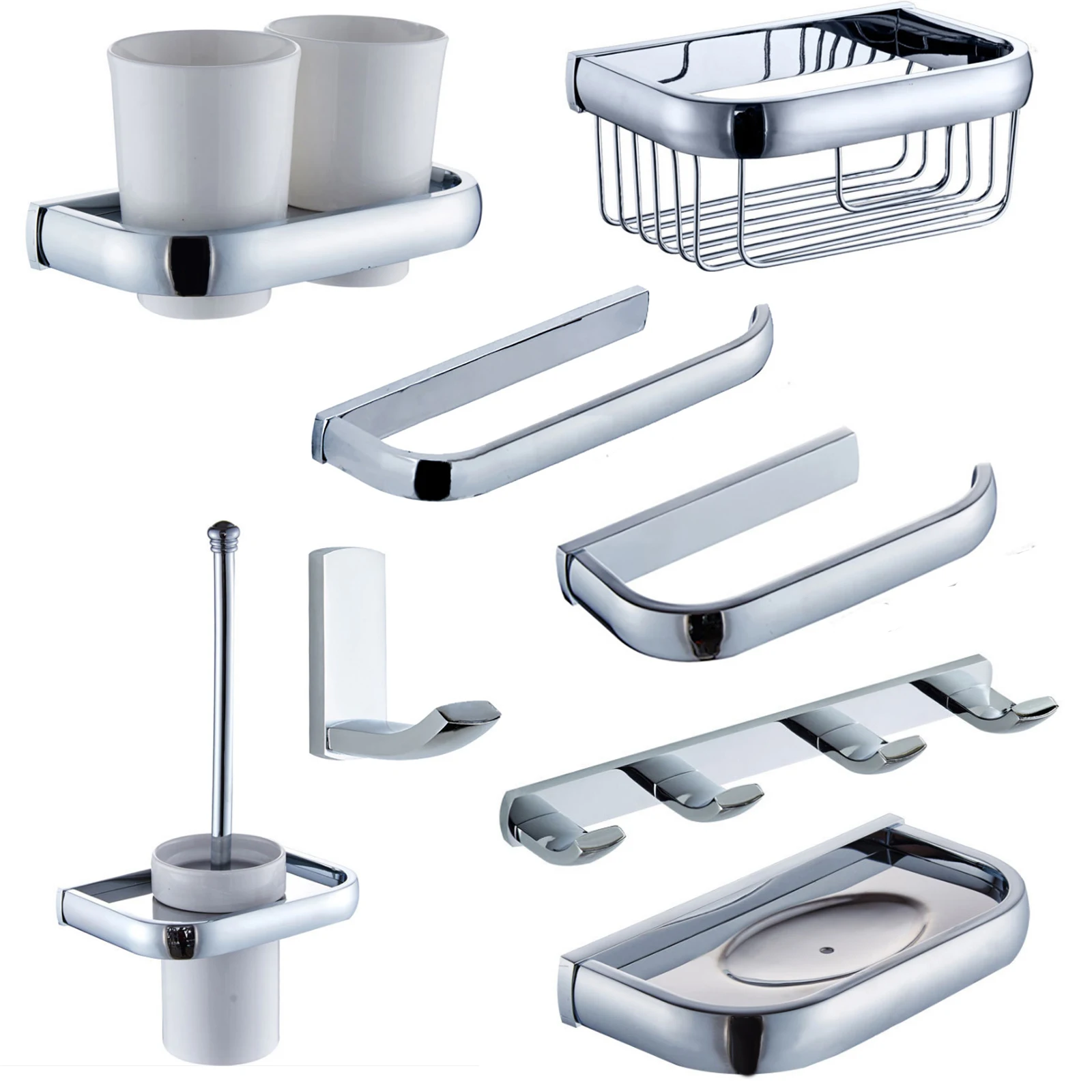 Chrome Bathroom Accessories Set Brass WC Paper Shelf Towel Coat Hook Toilet Brush Holder Ceramic Cup Holder Bathroom Hardware