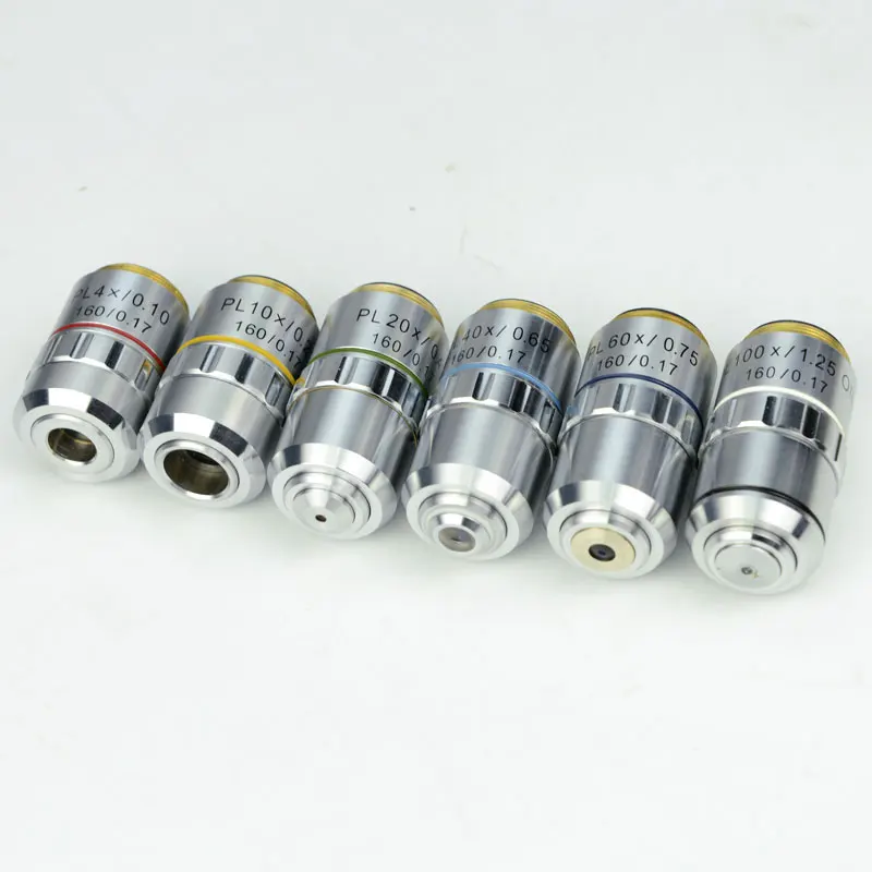 195 Plan Achromatic Objective 4X 10X 20X 40X 60X 100X DIN Lens High Quality Biological Microscope Objective Parts RMS 20.2mm