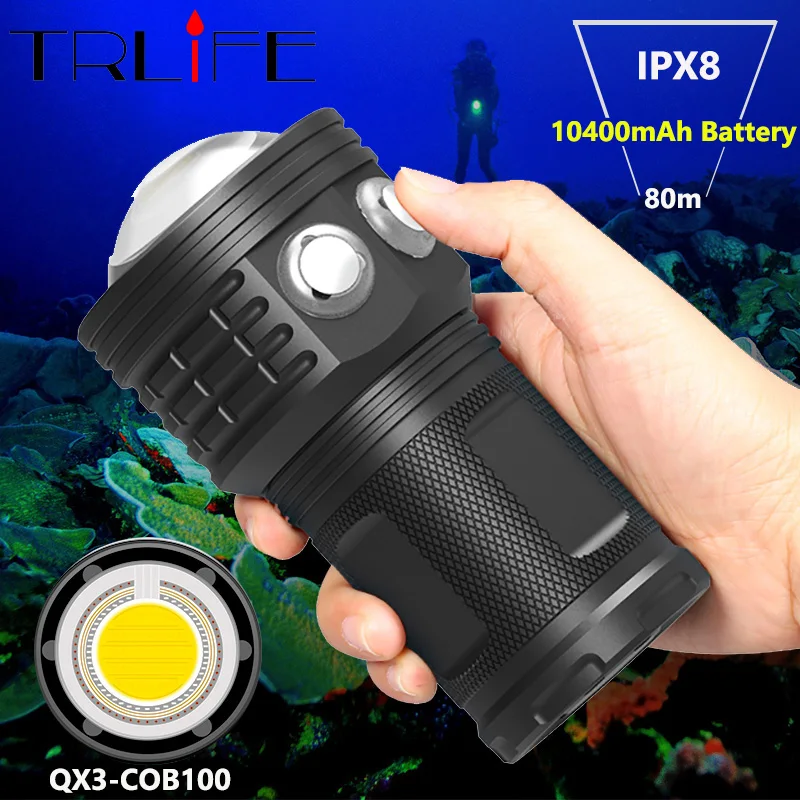 

10400mah IPX8 Profession Diving Flashlight Photography LED Light Underwater 80m COB Torch Lamp multifunction Powerful dive light