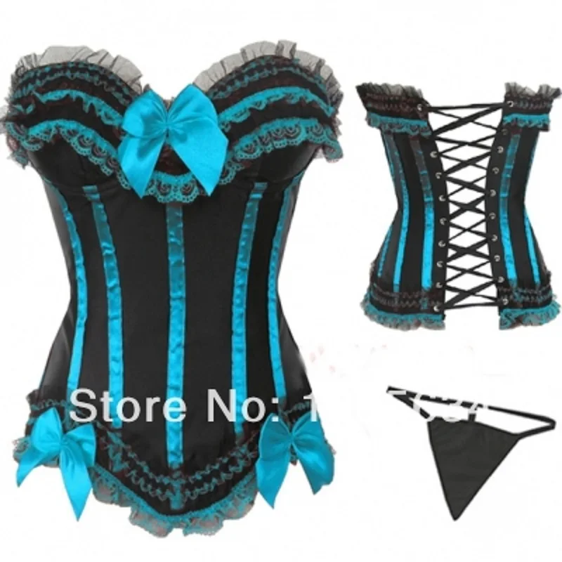 Plus Size Lady Slimming Corset Women corset Fashion Satin Overbust Embroidered Corset Bustier Top with G string Set Lingerie