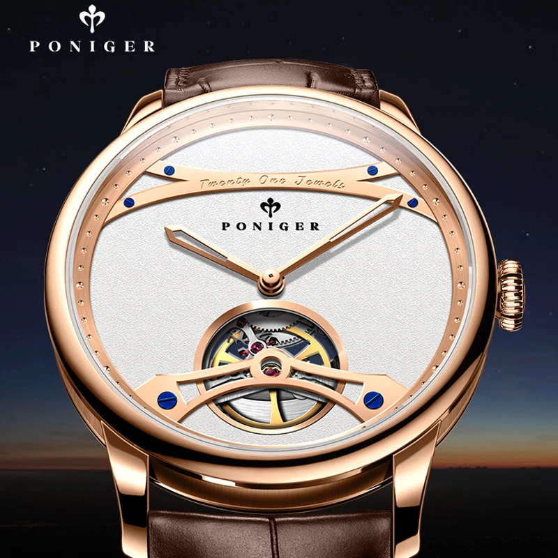 PONIGER 남자 시계 미니멀리스트 중공 해골 고품질 자동 기계식 무브먼트 손목 시계 사파이어 방수 시계