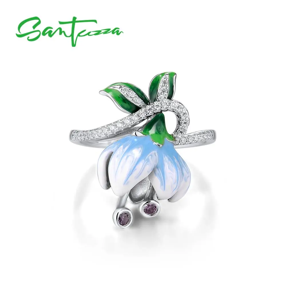 SANTUZZA Silver Rings For Women Genuine 925 Sterling Silver Exquisite White Blooming Flower Fine Jewelry Handmade Enamel