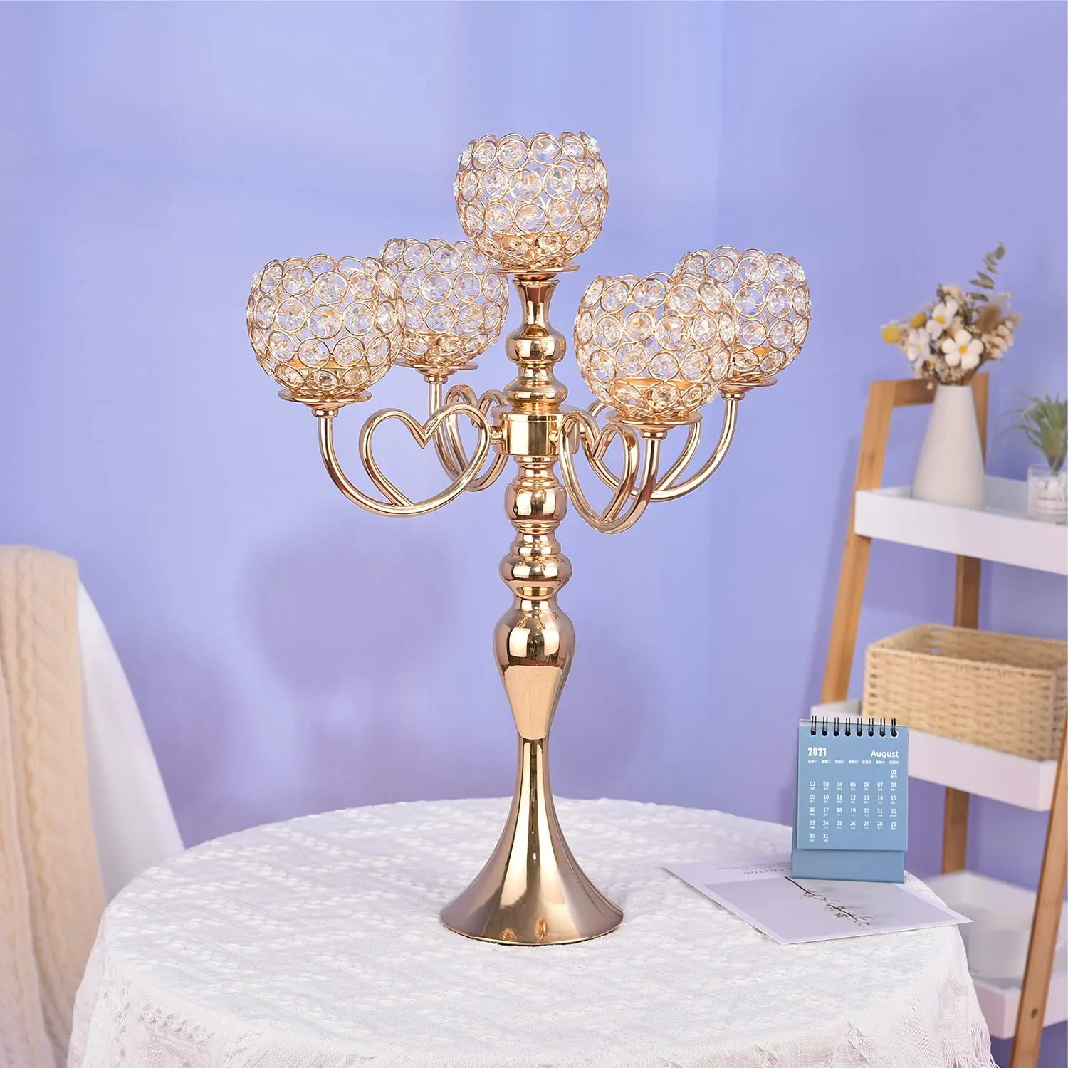 

Crystal Metal 5 Arms Candle Holders Candelabra Stand Christmas Home Decoration Dining Room Table Centerpiece Wedding Party Apply