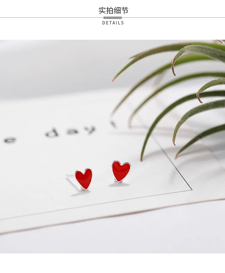 Real 925 Sterling Silver Red heart Stud Earrings for Women Girls Fashion sterling-silver-jewelry brincos brinco