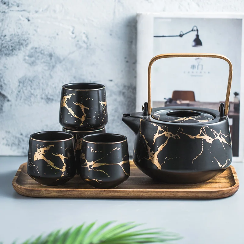 

European-style marble tea cup set six-piece 1200ML home living room drinking ceramic pot combination