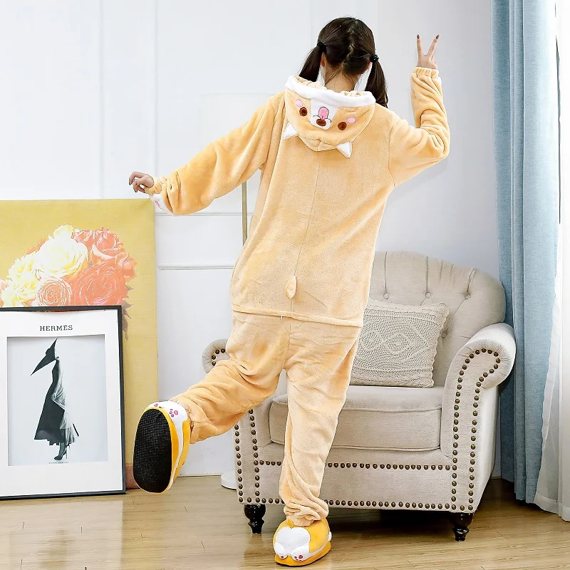 Set Kigurumi Adult Women Men Animal Corgi Pajamas Flannel Cartoon dog Cosplay Onesie corgi Warm Winter pijama womens pajamas