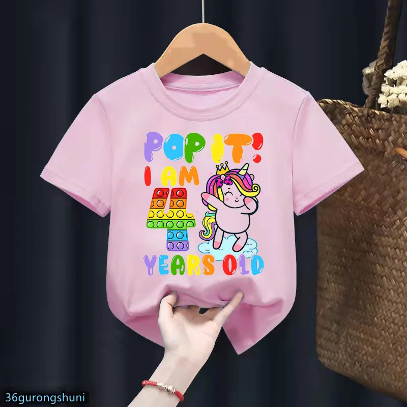 

Pink Kids Clothes Dabbing Unicorn Pop It I Am 2th-8th Graphic Print T shirt Girls Birthdag Gift Rainbow Fidget Toys Tshirt Tops