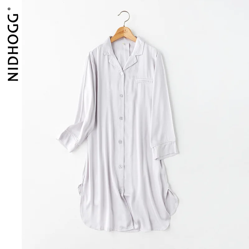 2020 Summer Autumn Nightgowns for Women Long-sleeved Satin Sleepwear Pocket Sleep Dress Solid Viscose Sleep Tops Home Night Wear