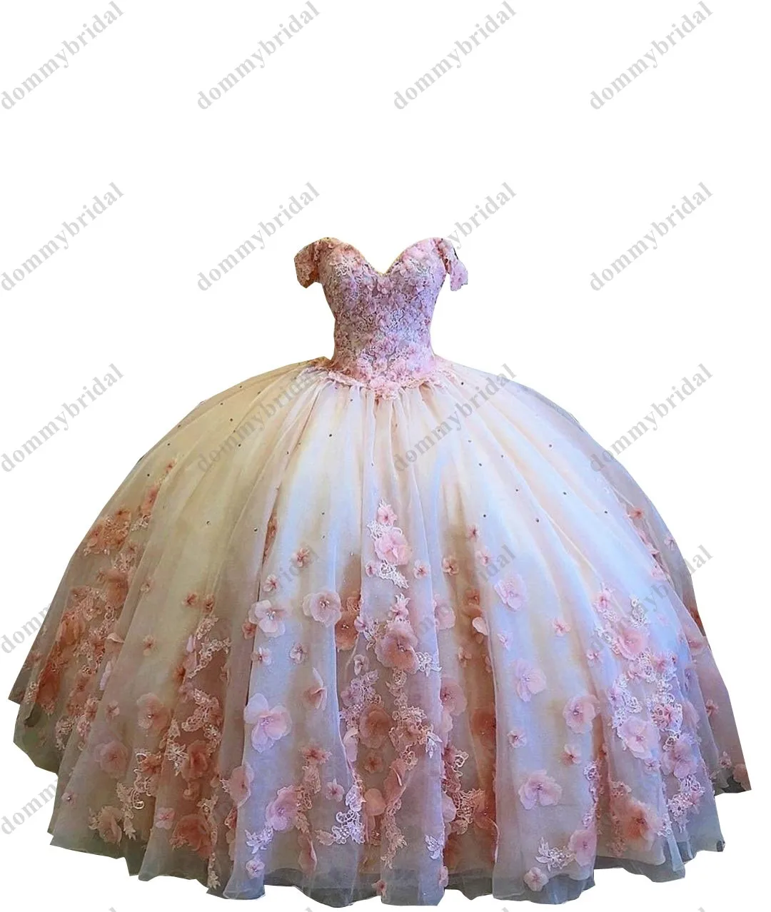 Romantic 3D Floral Flowers Champagne Tulle Blush Lace Ball Gown Dresses 15 Years 2023 Prom Qinceanera Sweet 16 Dress with Straps