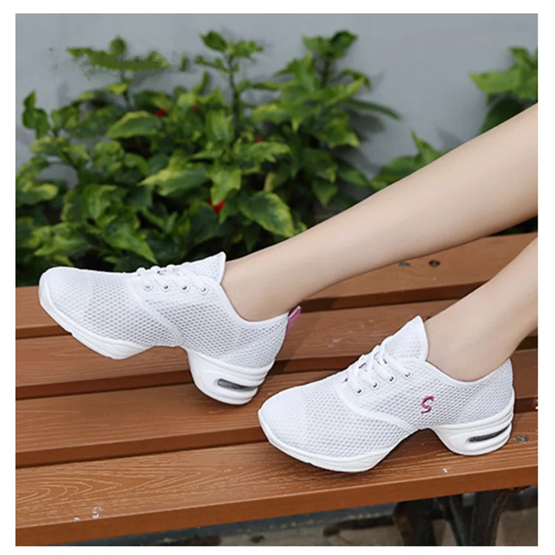 Modern Jazz Dance Sneakers Women Breathable Mesh Lace Up Dancing Practice Shoes Cushioning Lightweight Fitness Trainers