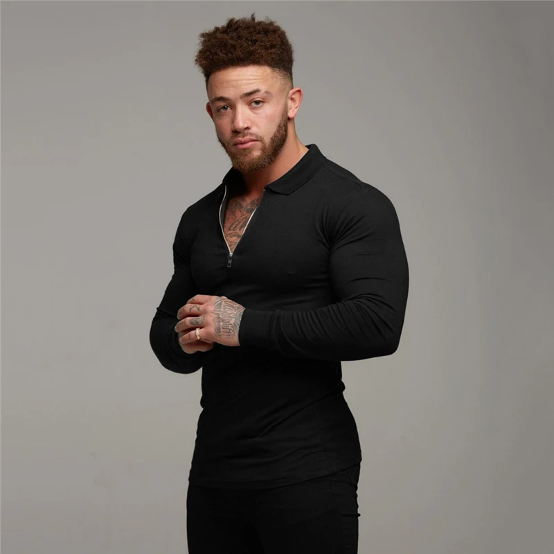 

Running Polo Shirt Men Solid Color Gym Fitness Rashguard Cotton Long Sleeve T-Shirt Brand Bodybuilding Workout Tee Shirts