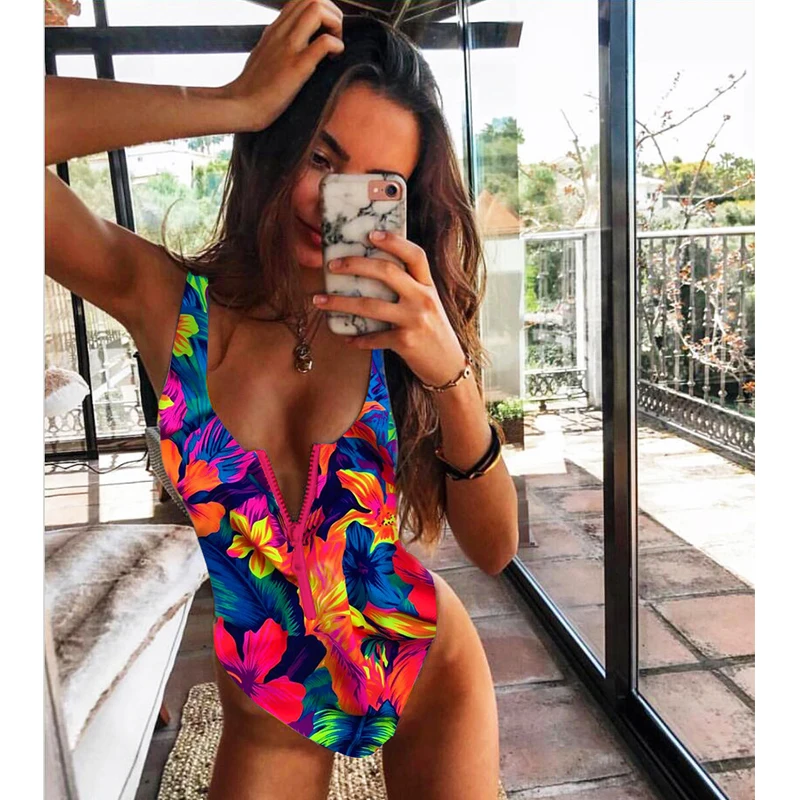 2023 New Sexy Zipper One Piece Swimsuit Women Swimwear Push Up Monokini Bodysuit Swimsuit Print Bathing Suit Summer Beachwear XL