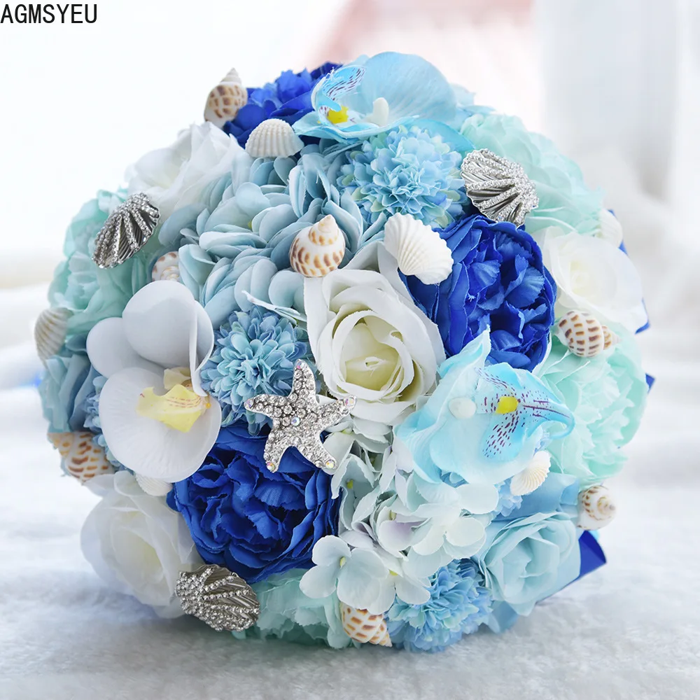 AGM YEU Shell Starfish Wedding Bouquet Flowers Hydrangea Blue Artificial Flowers Holiday Party Decorations Valentine's Day Gifts