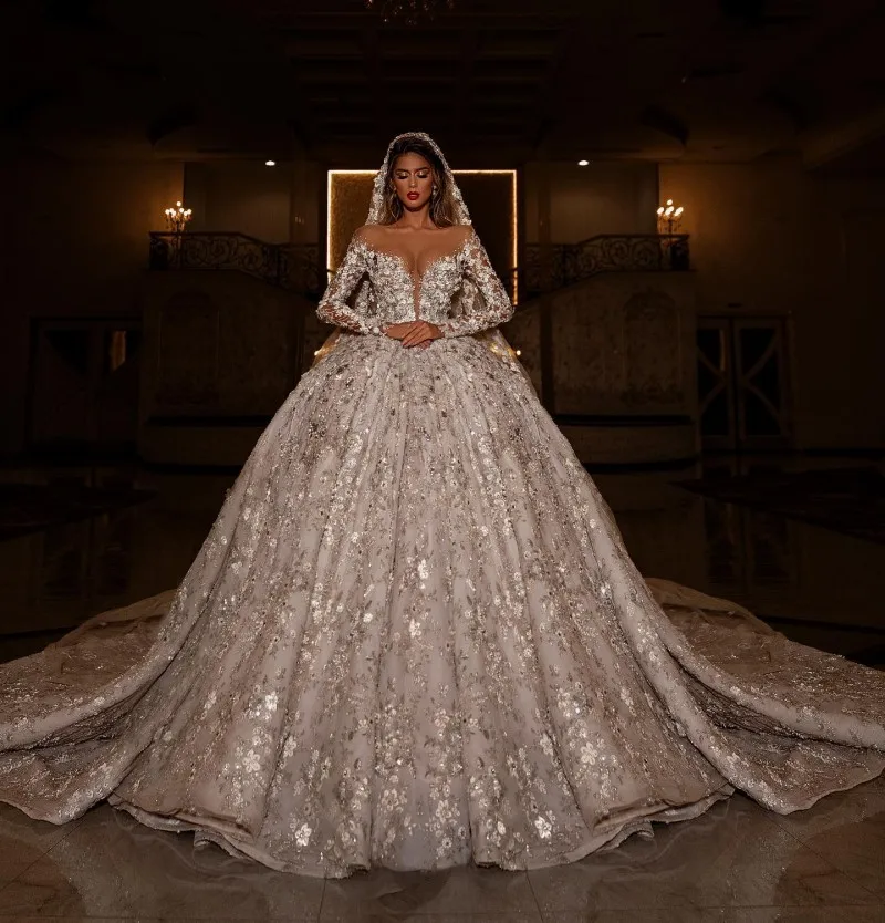 Luxury Royal Dubai Wedding Dresses Long Sleeves Floral Appliques Sheer Neck Puffy Bridal Gowns 2021 vestidos de la celebridad