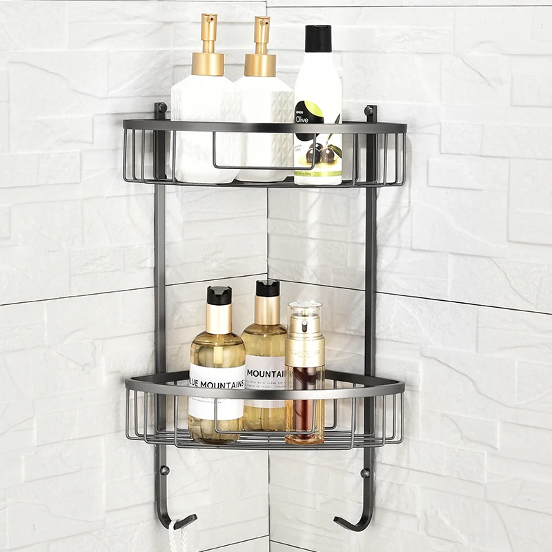 Triangle Towel Shower Storage Rack Brushed Gold Corner Shelves Wall Mounted Stainless Shampoo Holder Bathroom Shelf With Hook